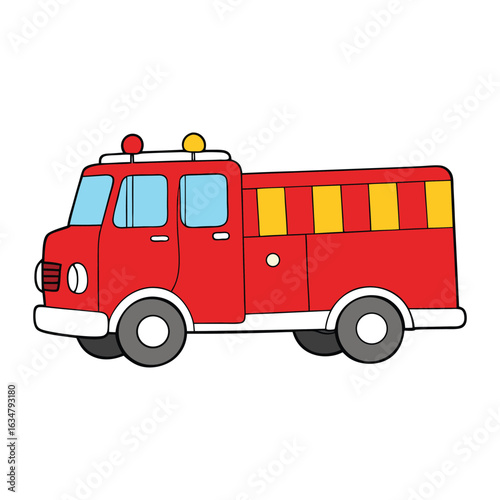 Bright red fire engine with flashing lights and loud sirens, equipped with hoses, ladders, and tools—ready to race to emergencies and save lives in seconds.
