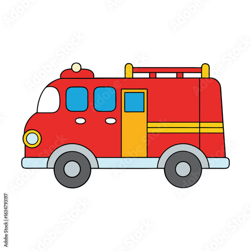 Bright red fire engine with flashing lights and loud sirens, equipped with hoses, ladders, and tools—ready to race to emergencies and save lives in seconds.
