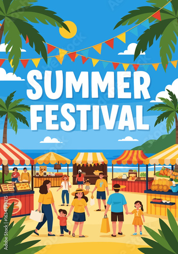 A vibrant summer festival poster featuring a bustling beach market with food stalls, diverse people, and festive bunting flags. Perfect for promoting a celebration