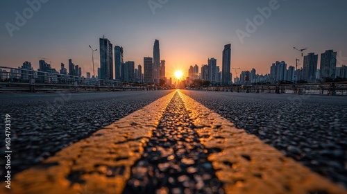 A futuristic city is approached via a wide road featuring double yellow lines creating a remarkable entrance for visitors and residents alike