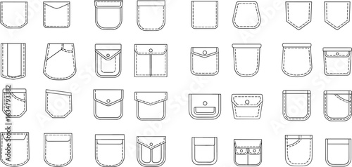 Pocket design collection, 25 styles, stitching detail, flap variations, button accents, fashion accessory layout, garment construction reference, clothing design elements, textile illustration grid.
