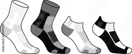 Sock design comparison, mid-calf socks, ankle socks, ribbed texture, mesh pattern, black and gray shades, hosiery layout, fashion accessory, comfort wear, textile detail.