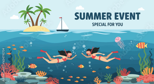 A tropical summer event poster featuring two women snorkeling in the ocean. The vibrant underwater scene with fish and a coral reef sets a perfect adventurous and exotic mood