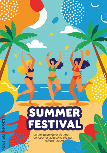 Adobe Illustrator Artwork A vibrant summer festival poster banner featuring joyful women dancing on a tropical beach with palm trees and a colorful abstract background. Perfect for a party or event