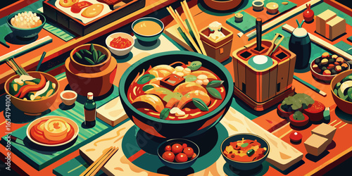 Traditional Thai art painting of a delicious fresh fish and vegetable dinnerTraditional Thai art painting of a delicious fresh fish and vegetable dinner