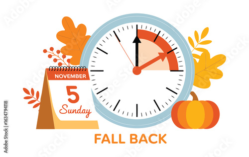 Autumnal time change illustration with clock calendar and pumpkin november sunday