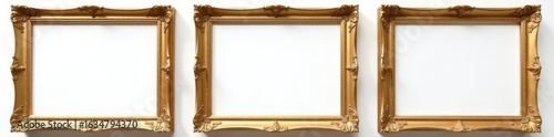 Three gilded picture frames, pristine white backdrop , image, frames