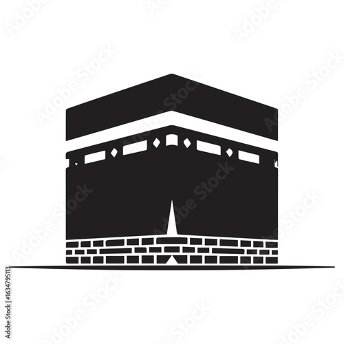 Stylized black and white illustration of the kaaba in mecca