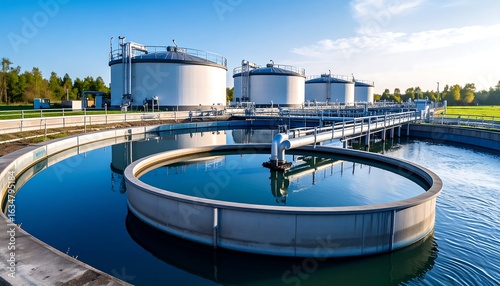 Industrial water treatment facility with large tanks and circular clarifiers under a clear sky