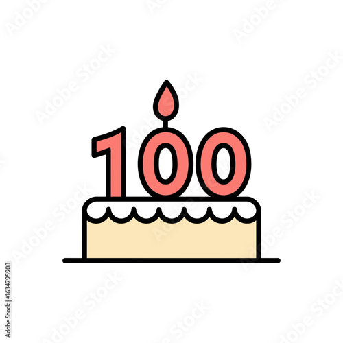 100th birthday cake icon for anniversary celebration with candle.