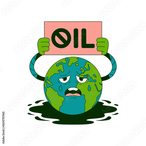 Anti-oil protest cartoon of sad Earth character holding a 'No Oil' sign.