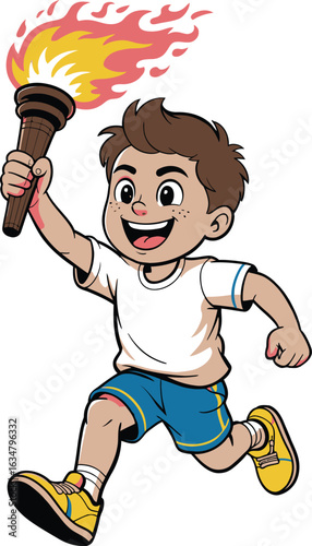 Cartoon boy running with flaming torch for sports game competition.
