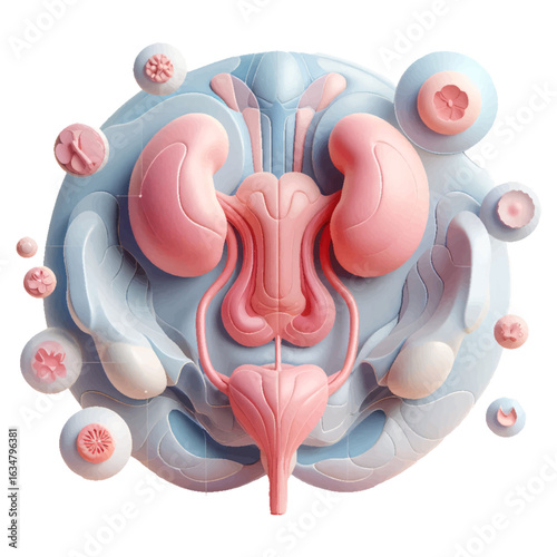 Detailed 3D Urinary System Rendering in Soft Pink and Blue Tones