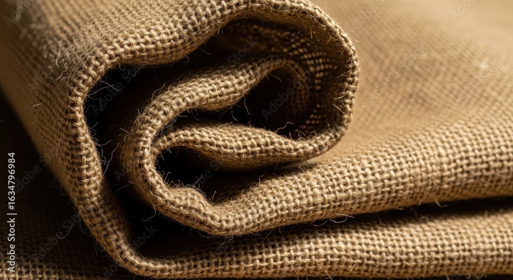 Fototapeta premium Textured burlap fabric closeup: Close up shot of a rolled, natural burlap textile revealing its rich textures and earthy tones, evoking a sense of rustic simplicity and natural beauty.