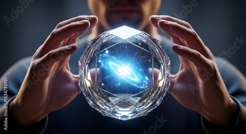 Cosmic Embrace: An individual tenderly holds a luminous crystal ball, encapsulating the vast expanse of a galaxy in a breathtaking display of wonder and introspection.