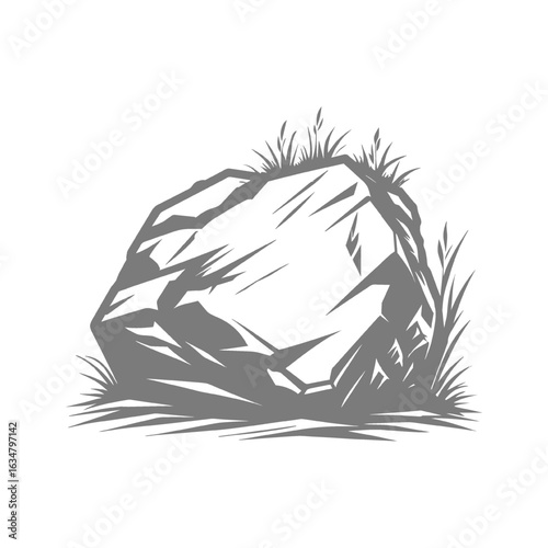 Boulder with Grass Monochrome Illustration