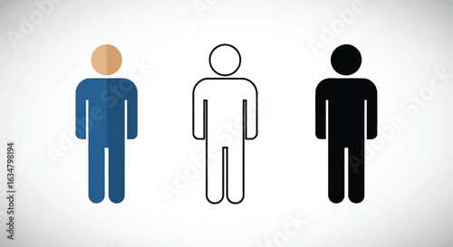 Vector art of three stylized human figures, one colored blue with a tan head, one outlined in black, and one solid black silhouette, representing diversity and individuality