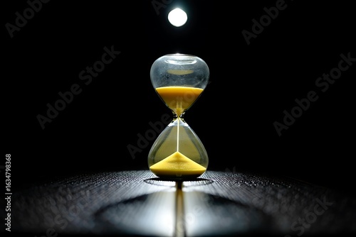 Hourglass, time concept, time measurement, time counting schedule with yellow sand flowing in dark with spotlight and reflection