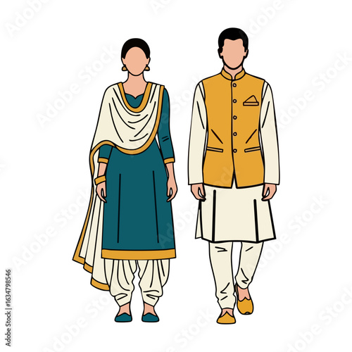 South Indian Langa Voni Veshti Kurta Couple Vector - Traditional Cultural Logo Design