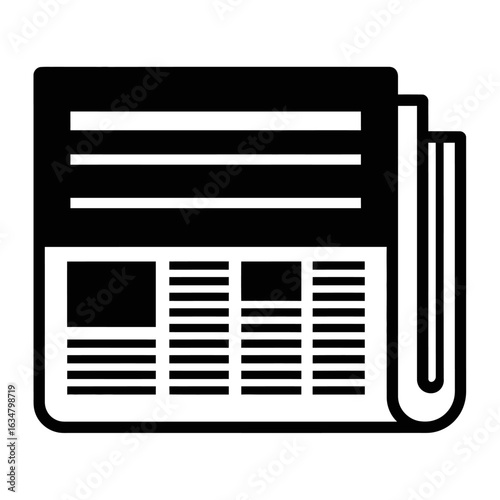 A stylized black and white illustration of a folded newspaper with text and image placeholders.