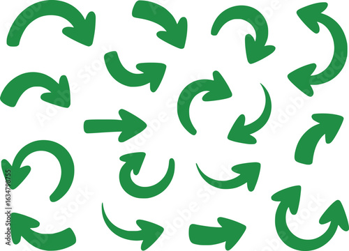 A Variety of Green Arrow Designs Pointing in Different Directions Illustrating Movement Flow Navigation and Directionality across the White Background Creating a Clean and Organized Design