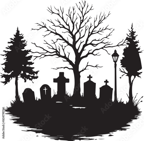 Spooky graveyard scene silhouette with a crypt, tombstones, and various trees.

