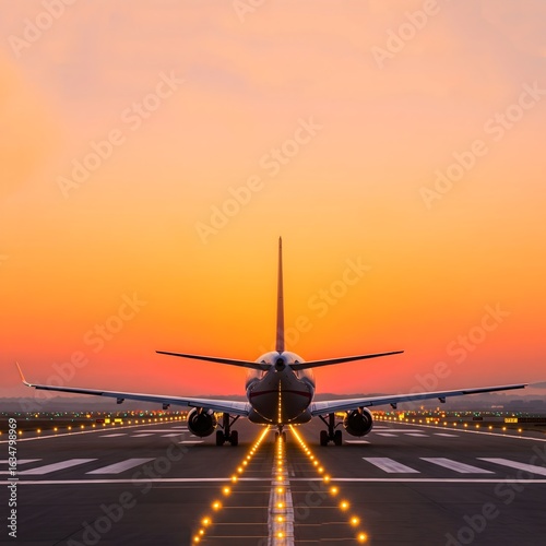 The Flight's Dawn: An airliner stands poised on the runway, silhouetted against a brilliant sunset sky, creating a sense of anticipation. A visual metaphor for dreams taking flight.