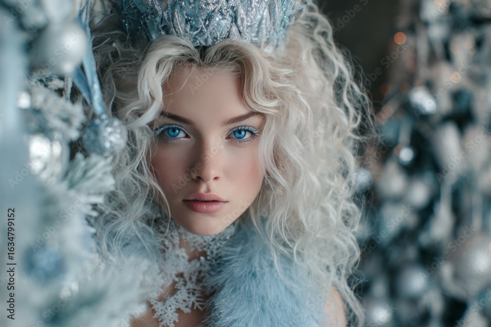 Fototapeta premium Ethereal winter portrait of young woman with icy blue eyes and blonde curls surrounded by swirling snowflakes and frosty white fur