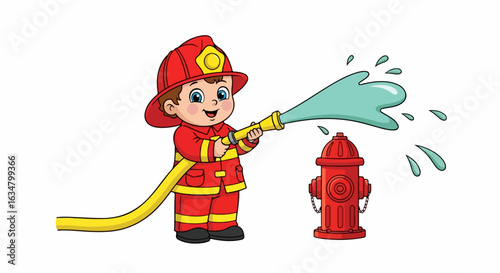 Adorable cartoon firefighter boy with a happy smile, spraying water from a yellow fire hose.