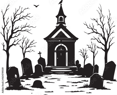 Spooky village silhouette with witches, monsters, and a haunted tower.

