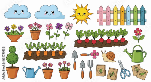Vibrant collection of cute cartoon gardening elements, including smiling sun, flowers, vegetables, and tools.