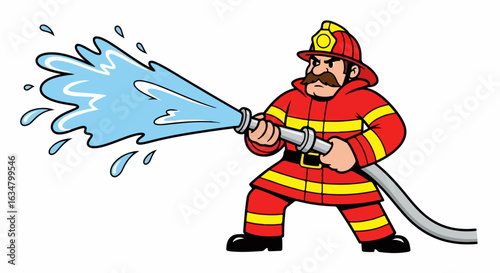 Brave cartoon firefighter with a mustache in full gear, spraying water from a fire hose.