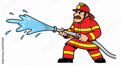 Cartoon firefighter in red uniform with a mustache, spraying water from a fire hose.