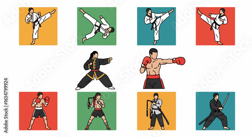 Diverse martial arts characters in action. A set of fighters practicing Karate, Boxing, and Kung Fu in various dynamic poses and traditional attire.