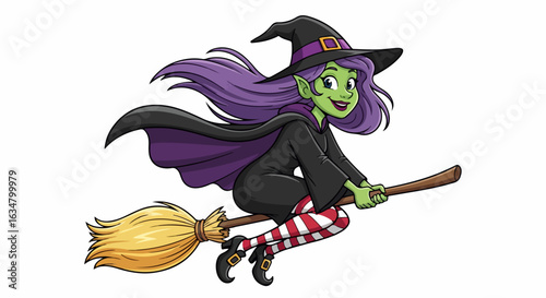 Friendly cartoon witch with green skin, purple hair, and striped stockings flying on a broomstick.