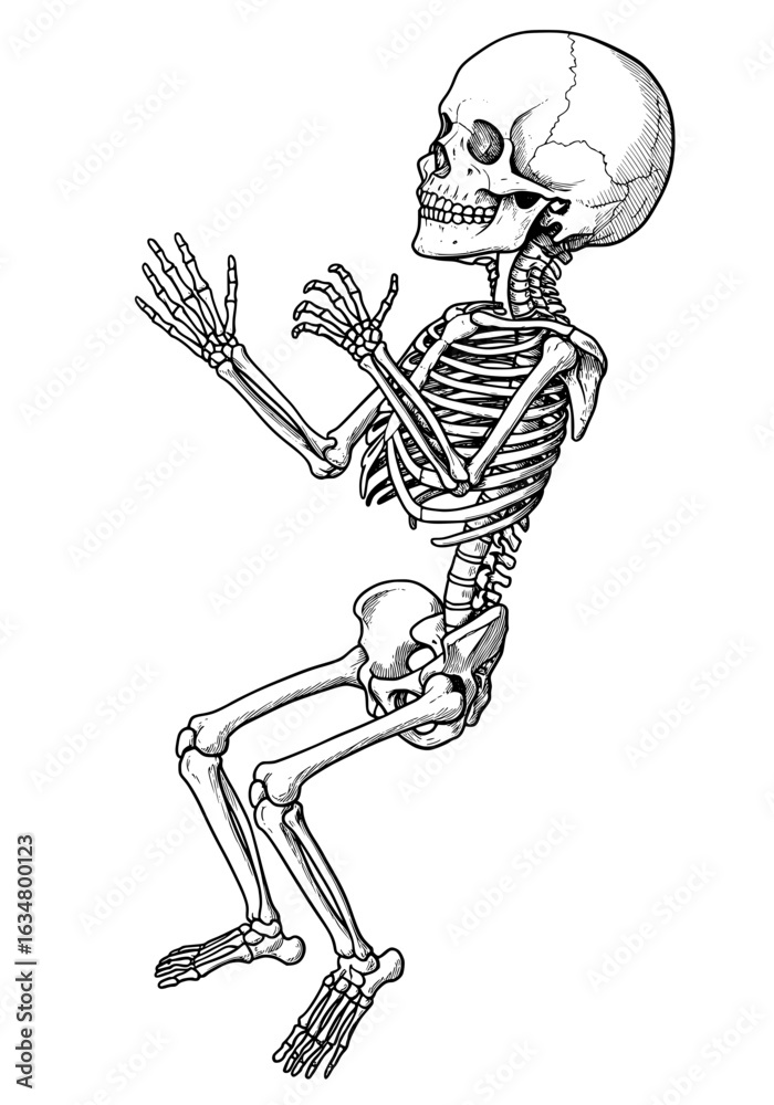 Naklejka premium Detailed vintage skeleton illustration, anatomical drawing for medical or Halloween designs, articulated bones