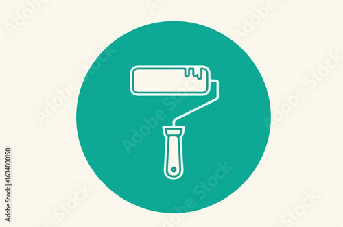 Minimalist white outline icon of a paint roller with dripping paint on its cover.