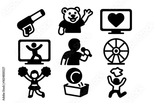 Black filled icons showing fun halftime activities like dancing fans, mascots, kiss cam and t-shirt giveaways. Great for event UI, posters and stadium visual assets.