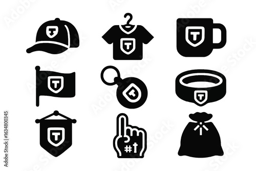 Black filled icons of common stadium souvenirs: jersey, mug, flag, keychain, bag and foam finger. Clean bold design, perfect for UI, prints and fan-themed visuals.