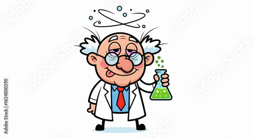 Dizzy cartoon scientist with wild hair and glasses holding a bubbling green potion.