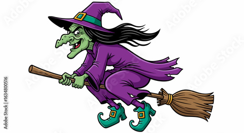 Grinning green-skinned cartoon witch in a purple robe and hat, flying on a wooden broomstick.