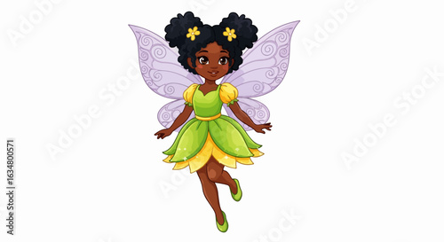 Smiling black fairy girl with afro puffs, a green flower dress, and ornate purple wings.