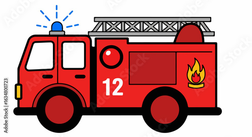 Red cartoon fire truck illustration with a flashing blue light, ladder, and number 12.