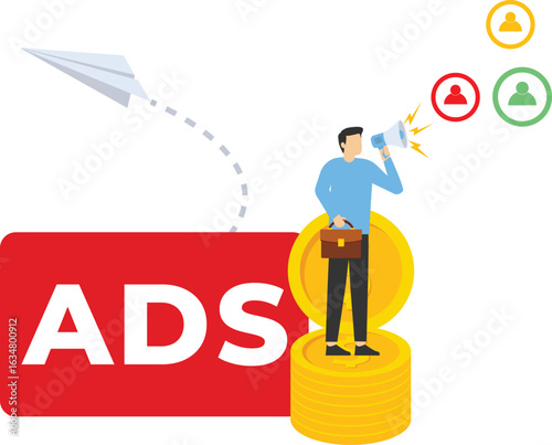 concept of Pay per click, PPC, paid advertising campaign displays ads on websites that generate revenue for publishers, Advertising or advertising, Promoting a brand to an audience, internet.

