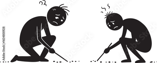 Two figures engaged in a task silhouette