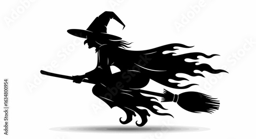 Stylized black silhouette of a flying witch with a pointy hat and flowing tattered cape.