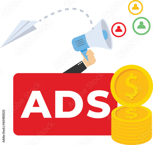 concept of Pay per click, PPC, paid advertising campaign displays ads on websites that generate revenue for publishers, Advertising or advertising, Promoting a brand to an audience, internet.

