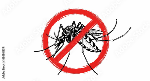 Stylized anti-mosquito warning sign with a detailed insect illustration crossed out by a red painted circle.