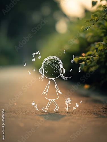 Whimsical illustration of a white line drawing of a girl with a bun and musical notes strolling along a golden sunlit path surrounded by soft greenery and dreamy bokeh