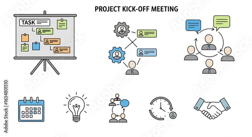 Project Kick-Off Meeting Icons with Task Board and Collaboration Diagram